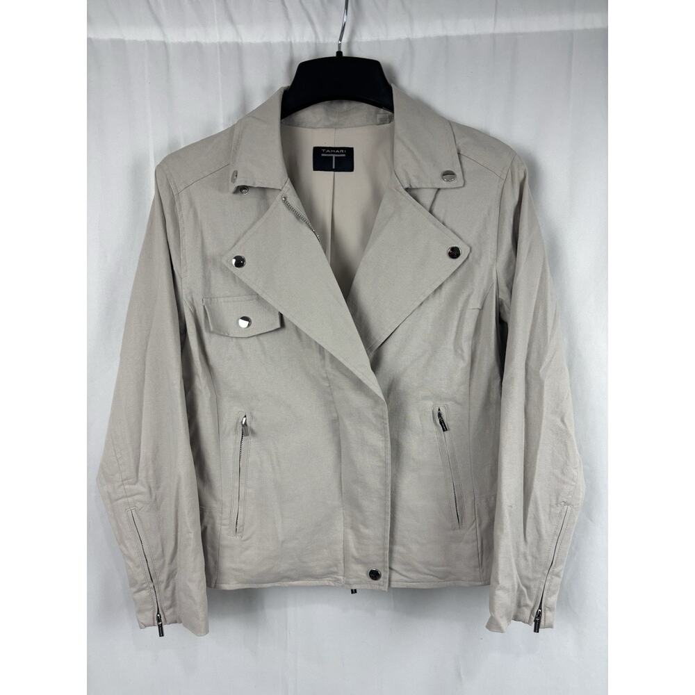 Tahari Women’s M Linen Tan Gray Moto Zip Up Jacket Utility Biker Western